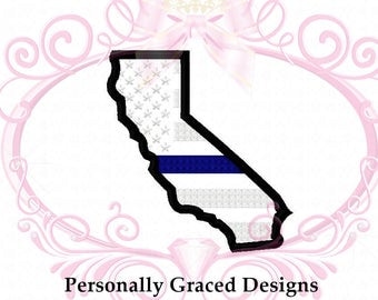 Instant Download California State Police Applique Thin Blue Line US Flag Embroidery Design 4 Sizes 4x4, 5x7, 6x10 Digital Download Back Blue