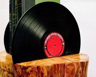 Vinyl Record Bookends - Vintage Bookends for the music enthusiast add charm & warmth to any room. Hand Crafted From Recycled vinyl records