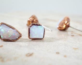 Raw Opal Stud Earrings / Opal Earrings / October Birthstone Jewelry / Copper Stud Earrings / Gift for Friends /