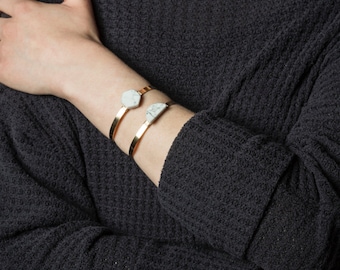 White Marble Bracelet, Half Moon Bracelet, Easter Basket Gift, Adjustable Cuff Hexagon Bracelet, White Stone Cuff, Dainty Cuff
