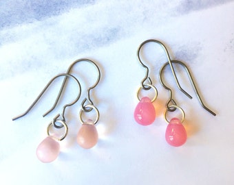 Blush Pink teardrop earrings • Light Pink earrings • Pure Titanium Earrings for Sensitive Ears • Sterling Silver glass earrings • Minimalist