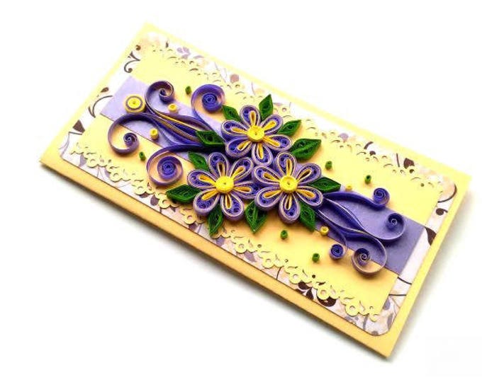 FREE SHIPPING/Quilling card/ Handmade card/ Mothers day / Purple card/ 3D card/ Quilling flowers/ Art card/ Birthday quilling card