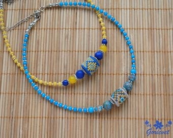 Choker necklace ethnic jewelry bead necklace gift for women hand embroidered jewelry aqua blue jewelry yellow blue gemstone necklace for her