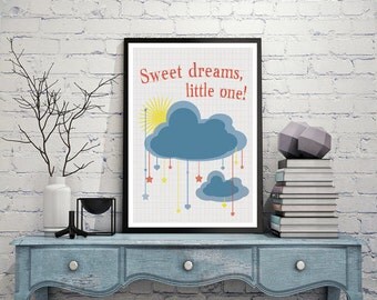 Sweet dreams poster, Kids printables, Nursery decor, Kids room art, Art for boys room, Hanging clouds, Sun, baby room wall art, kids poster