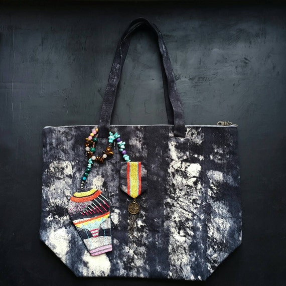 Night & Day Voyager - boho embroidered patches canvas zip tote bag by Canzone