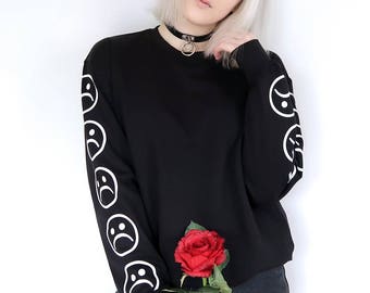 Sad Faces Emoticon Sleeves Printed Keyboard Sweatshirt Sweater Black White Tumblr Inspired Aesthetic Sad Boys Pale Pastel Grunge Aesthetics