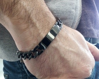 Personalized stainless steel 316L Black ID bracelet for men. Engravable name tag cuban link Bracelet. Gift for men handwriting bracelet