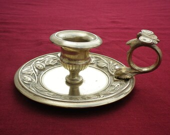 Candle Holder with Saucer and Handle, Chamber Stick, Vintage Cast Brass, Ornate Candle Holder