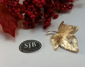 Maple Leaf Pins, 14k yellow gold Maple leaf Brooch with .04ct Diamond Accent, 14k Gold Diamond Leaf Pin, 14k Gold Statement Jewelry #C185