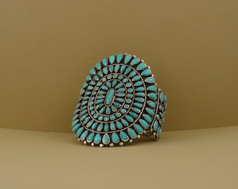 Large Vintage Turquoise Bracelet, Native American-made, sterling silver and turquoise cluster work, color blue, vintage cuff bracelet