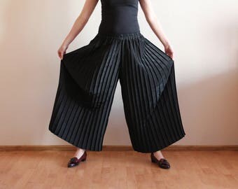 Palazzo Trousers Pants Maxi Skirt Accordion Pleated Pants Women's Culottes Trousers Black Women Pants High Waisted Pants Elastic Waist