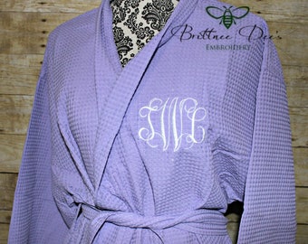 Monogrammed Woman's Knee Length Kimono Bathrobe - Waffle Weave