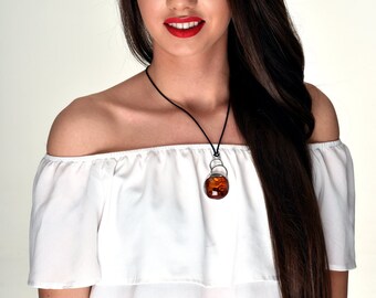 Amber Necklace, Amber Necklace For Women, Sterling Silver Baltic Amber Necklace, Cognac Amber Gemstone Necklace, Lithuanian Amber Necklace