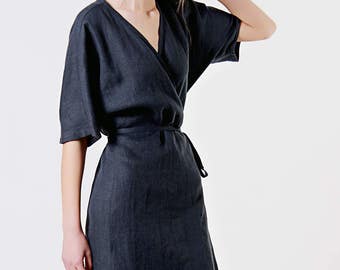 Linen Dress, Charcoal Linen Dress, Linen Kimono Dress, Linen Wrap Dress, Charcoal Grey Dress, Linen Dresses for woman, Linen Summer Dress