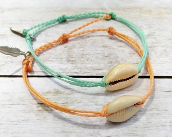 Cowrie Shell Bracelet, Wax Cord Bracelet, Waterproof Bracelet, Adjustable Friendship, Boho Surfer Bracelet, Stackable Beach Bracelet