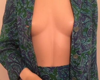 Vintage 1960s//1970s//Psychadelic//Blue//Green//Paisley//Jacket//Pencil Skirt//Matching Set//Women's VTG