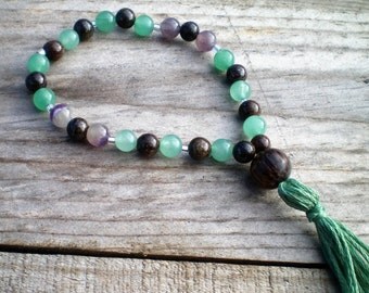 Green Aventurine wrist Mala, Amethyst bracelet, 27 bead bracelet Mala, Bronzite beads, prayer beads, worry beads, tassel bracelet, Yoga