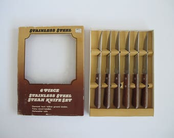 Vintage Steak Knives Wood Handle Knives Steak Knife Set 1970s Cutlery