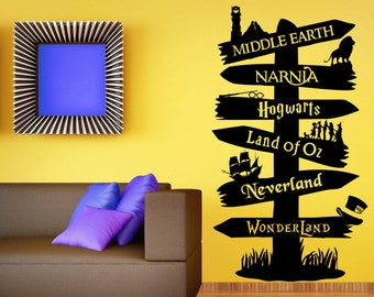 Storybook Signpost Wall Decal Custom Wall Decal Fandom Wall Sticker Harry Potter Lord Of The Rings Narnia Peter Pan Typography Living Room