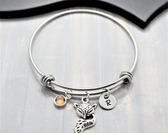 Personalized Fox Bangle Bracelet - Fox Charm Bracelet - Fox Jewelry - Silver Fox - Fox Gift - Custom Fox Bracelet