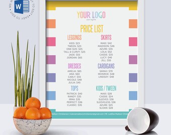 EDITABLE Price List | Pricing Sheet | MS Word 2016 | Us Letter, 16"x20", 8"x10" | Instant download