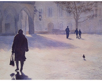 Original watercolor painting of Krakow marketplace, Rynek Główny w Krakowie