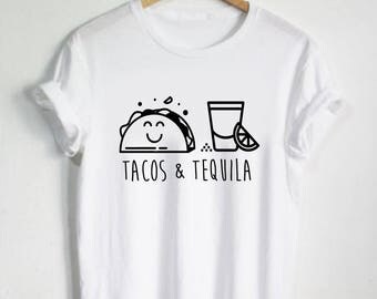 Tacos & Tequila Shirt - Food Tshirt Unisex Tee or Womans Top Cute Graphic Taco Drinking Party Shirt Mexican Mexico Vacation Glass Birthday