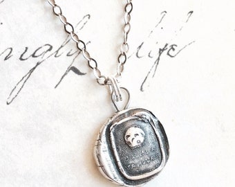 Skull Wax Seal Necklace in Fine Silver, Memento Mori Mourning Jewelry