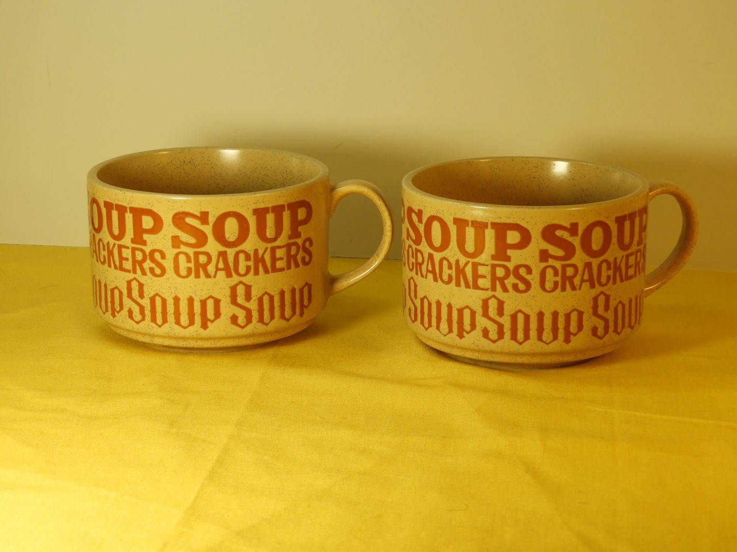Vintage Stoneware Soup Cracker Bowls Mugs (2), Retro Brown Ceramic Soup