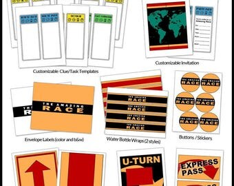 The Amazing Race Party Printables -- DIGITAL -- Customizable clue cards and invitations, flags, signs, and more!