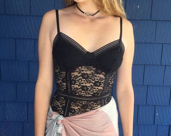Vintage Style Black Floral Lace Bodysuit Lace Bralette Bustie Bodysuit Black Lace Teddy Thong Style Bodysuit Adjustable Spaghetti Straps