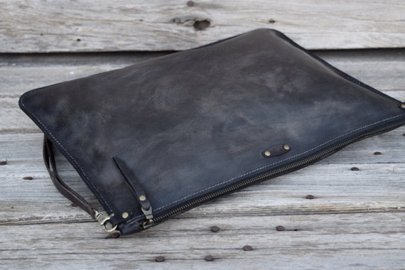 Zipper Portfolio / Large Leather Pouch / Mens Zipper Bag