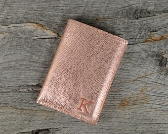 Rose Gold Leather Passport Holder with 3 Card Slots and Personalized Initial - Custom Travel Gift for Bridesmaids