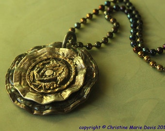 Lovely Blue Steel and Silver smashed button PENDANT with steampunk-like frills... silver and steel vintage buttons