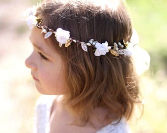 White and gold flower crown - rustic gold flower crown - bridal headpiece - wedding flower crown - simple flower crown - gold rose crown