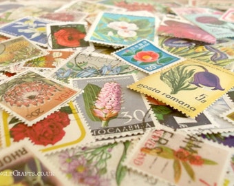 Flowers, world postage stamps | modern + vintage random floral mixed used stamps | crafting, collage, upcycling, decoupage, collecting