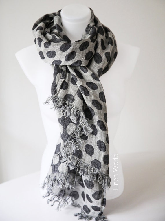 100 LINEN Polka Dot Scarf. Grey & Black Polka Dot by LinenWorld