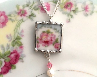 Broken China Jewelry - pendant necklace - antique pink roses - pearl and crystal beads - recycled china - antique French china