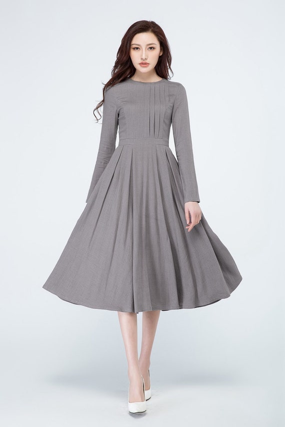 asymmetrical dress long linen dress grey dress pleated