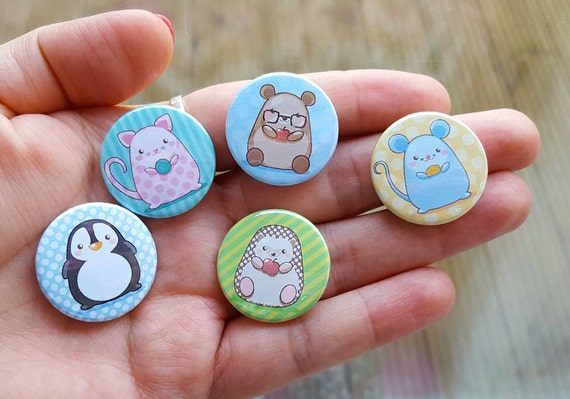 Items similar to Kawaii Animals 1 inch Pins Button Badges (set of five ...