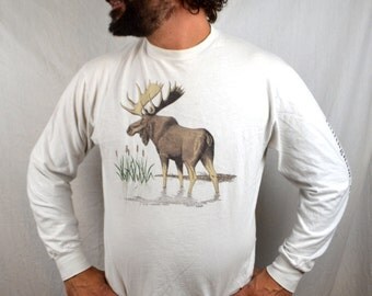 Vintage 1985 Alaska Moose 1980s 80s Long Sleeve Tee Shirt Tshirt