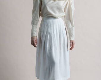 Vintage 80s White Linen Pleated Midi Skirt / XS Small Full Skirt