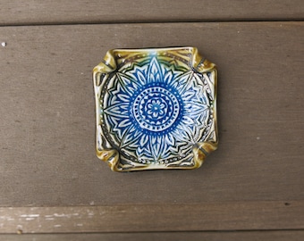 Aqua Blue & Brown Ceramic Trinket Dish Sunflower Mandala Spoon Rest Votive Holder Home Decor, Handmade Artisan Pottery by Licia Lucas Pfadt