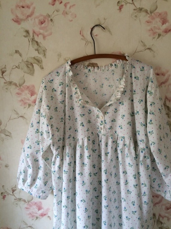 OOAK Cotton Nightgown Nightdress Dainty Blue Roses 50's