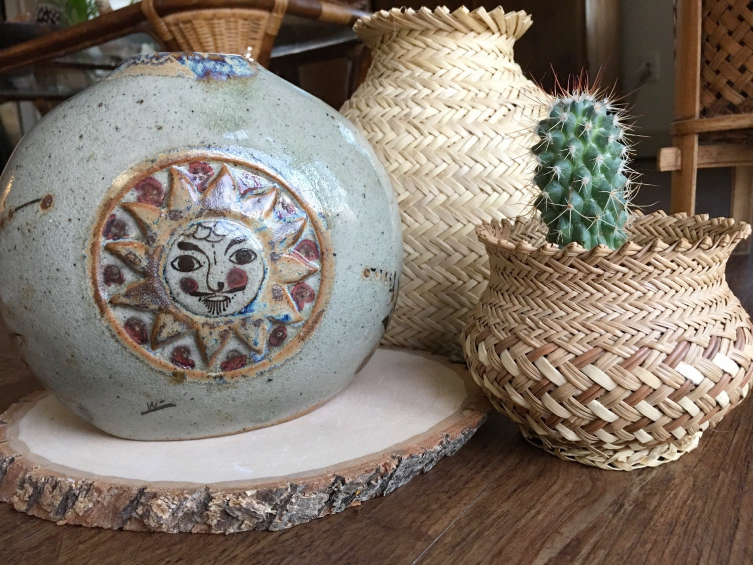 Vintage Tonala sun and moon pottery vase 1970's Mexican