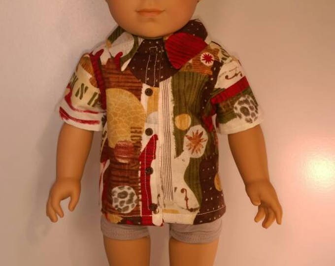 Retro guitar print short sleeve shirt fits 18 inch boy dolls, rocker shirt, boy band