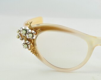 Schiaparelli Vintage Cat Eye Glasses, Cream and Brown with Flower & Pearl Clusters, 1950s