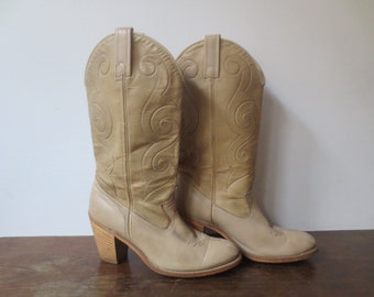 Vintage '70s Women's Blonde ACME Stack Heel Western Cowboy Boots, US Sz 7