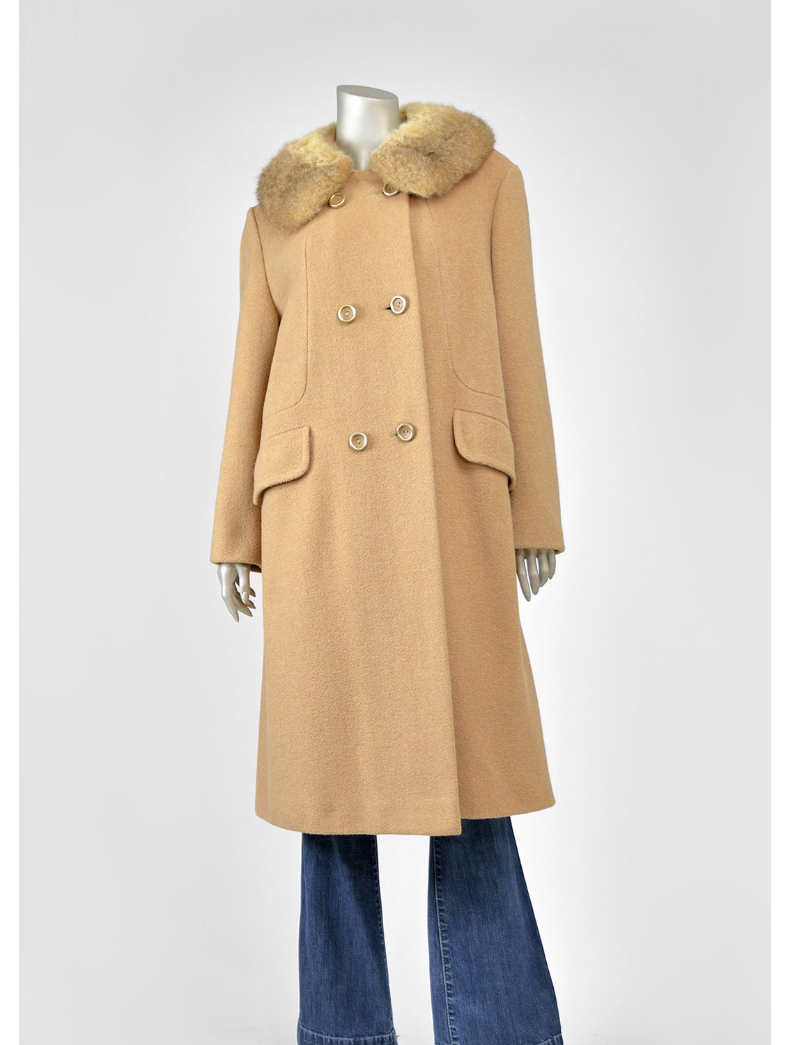 Vintage Shearling Fur Collar Coat 1950s Coat Camel Brown Wool