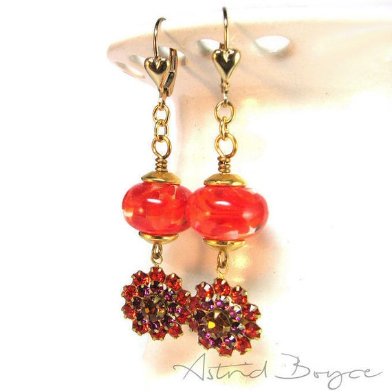 Red Hot Flowers Earrings- Ready to Ship - Lampwork Glass and Vintage Flower Charms - Red Pantone Flame Pantone Pink Yarrow Pantone Primrose